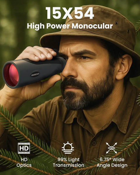Man using 15x54 Monocular Telescope For Adults High Powered Waterproof With BAK4 Prism FMC Lens in forest setting