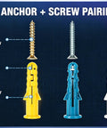 All-In-One Drywall Anchors And Screws Kit 270-Piece Mega Pack With Plastic Wall Anchors And Zinc Alloy Screws Galvanized For Long-Lasting Strength Easy Install For Home Improvement And DIY Projects. Anchor + screw pairing chart with three wall anchors