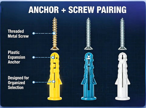All-In-One Drywall Anchors And Screws Kit 270-Piece Mega Pack With Plastic Wall Anchors And Zinc Alloy Screws Galvanized For Long-Lasting Strength Easy Install For Home Improvement And DIY Projects. Anchor + screw pairing chart with three wall anchors