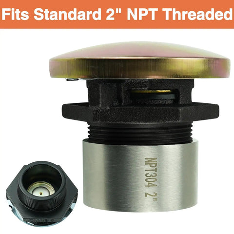 Rugged Ventilated Tank Cap With Iron Base Kit For Diesel Fuel Transfer, 2 Inch NPT Threaded Neck, gold finish close-up
