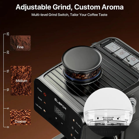 Espresso Machine With Built In Grinder 20 Bar Pump Black Coffee Maker showing adjustable grind settings