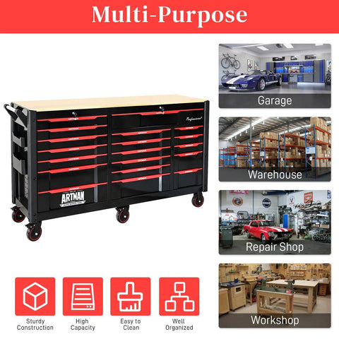 66 Inch Rolling Tool Chest With 19 Drawers Heavy Duty Mobile Tool Cart On Wheels Lockable Storage Cabinet For Garage Workshop Warehouse Lab Wood Top Work Bench Built For DIYers And Pros To Tackle Any Project And Store All Your Gear In A Cabinet. black steel tool chest with oak top and 19 drawers on wheels for garage, workshop, warehouse, lab