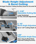 Blade height adjustment and bevel cutting features of Badass 8 Inch Table Saw Driven By A Beefy 15 Amp 5500 Rpm Motor.