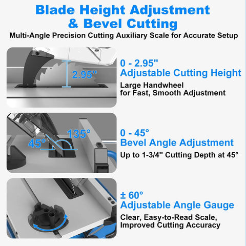 Blade height adjustment and bevel cutting features of Badass 8 Inch Table Saw Driven By A Beefy 15 Amp 5500 Rpm Motor.