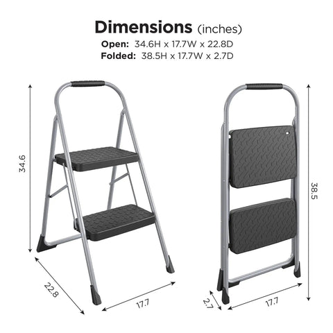 Two Step Big Step Stool Made Of Steel, Grab And Go Lightweight Gray, Non Marring Feet, Large Slip Resistant Step dimensions