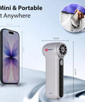 Beast Mode 250,000 RPM Air Duster With Ergonomic Grip Three Gear Blower beside smartphone for size comparison.