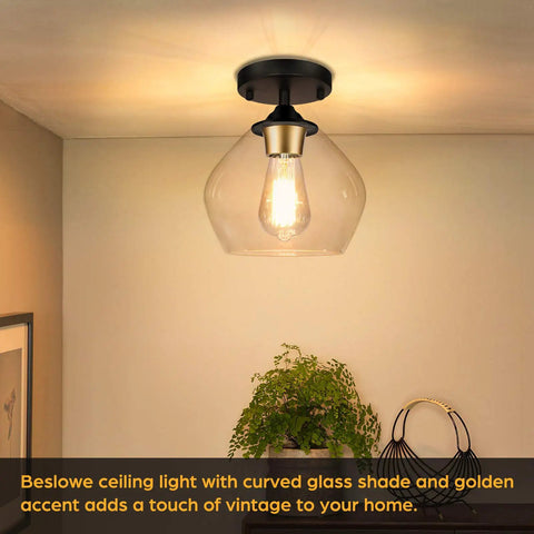 Modern Semi Flush Mount Ceiling Light With Clear Glass Shade, Industrial Close To Ceiling Fixture In Black, Ideal For Hallway