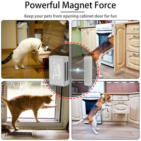 Pets attempting to open kitchen cabinets showing Magnetic Cabinet Catches With Ultra Strong Adhesive No Tools Needed For Quick No Hassle Install on cabinets.