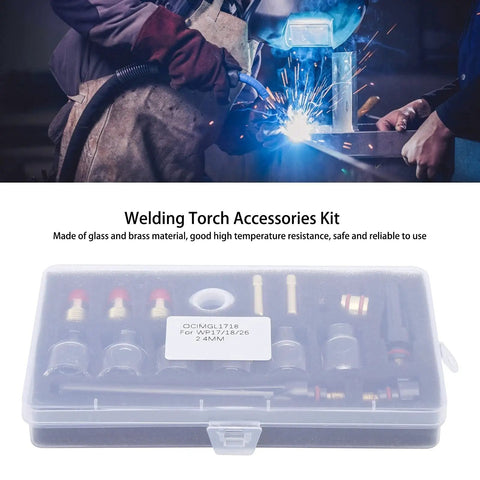 Top Tier Welding Torch Accessories Kit For Wp 17 18 And 27 Models in clear case featuring glass nozzles and brass components.