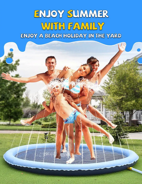 Family enjoying a 107-inch non slip splash pad with thickened edges. Summer outdoor water toy for kids, dogs, backyard fun.