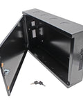 Bulletproof 2U Wall Mount Network Cabinet Featuring Lockable Solid Door And Heavy Gauge Black Steel Frame, opened view inside