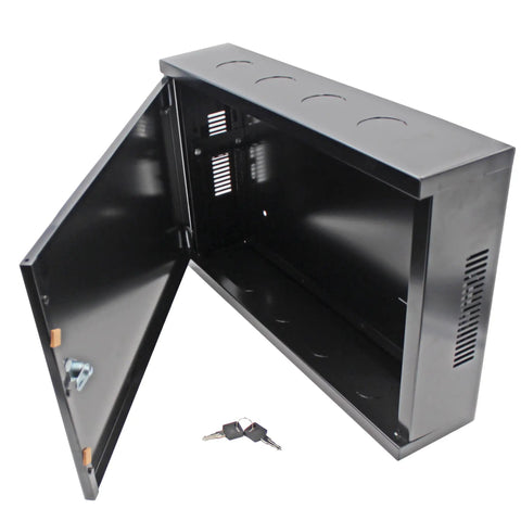 Bulletproof 2U Wall Mount Network Cabinet Featuring Lockable Solid Door And Heavy Gauge Black Steel Frame, opened view inside
