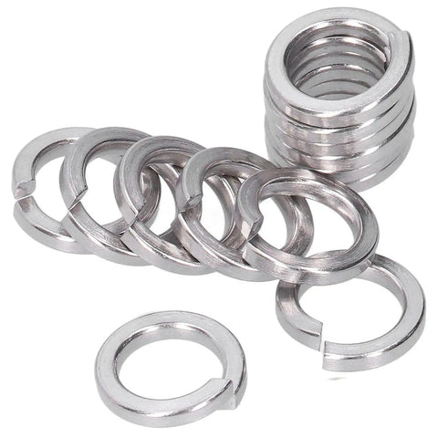 Heavy Duty Spring Split Lock Washer Set 150 Pcs DIN 7980 M6 For Home DIY And Industrial Use Durable Surface Treated Washers Prevent Loosening On Screws And Bolts In Factories And Projects. Stainless steel M6 spring split lock washers stacked and spread on white background