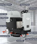 Micro Ride On Floor Scrubber Dryer Kit side view with labels, features 22 inch cleaning path, 25 gallon capacity, lithium battery