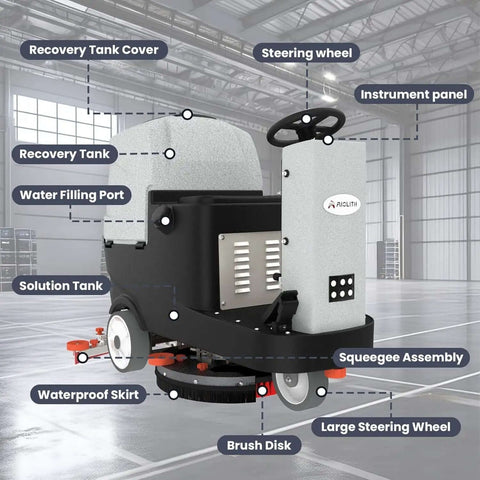 Micro Ride On Floor Scrubber Dryer Kit side view with labels, features 22 inch cleaning path, 25 gallon capacity, lithium battery
