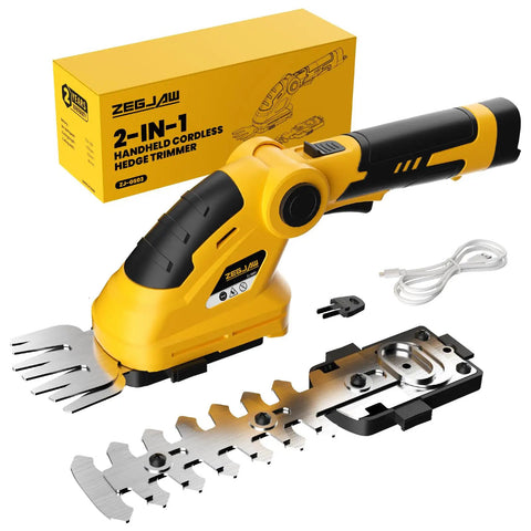 Cordless Hedge Trimmer And Grass Shears 2 In 1 Electric Handheld Shrub Trimmer Lightweight Rechargeable in yellow with accessories