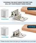 Heavy Duty Satin Nickel Self Closing Cabinet Hinges, 3/8 Inch Overlay, 50 Pack With All Included Mounting Screws And Quiet Bumpers, showing 3/8 and 1/2 inch hinge comparison.