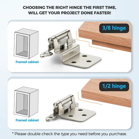 Heavy Duty Satin Nickel Self Closing Cabinet Hinges, 3/8 Inch Overlay, 50 Pack With All Included Mounting Screws And Quiet Bumpers, showing 3/8 and 1/2 inch hinge comparison.