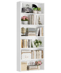 Top Shelf Six Tier Tall Bookshelf And White Bookcase Featuring Extra Roomy Open Display Shelves For Modern Living Room Storage And Home Office Decor Organization Rack with decorative items and books.