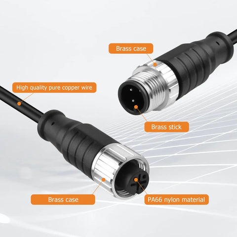 Close-up of M12 3 Pin Connector Cable 1 Male 1 Female Aviation Sensor Wiring Cable 25cm, showcasing brass and nylon casing materials.