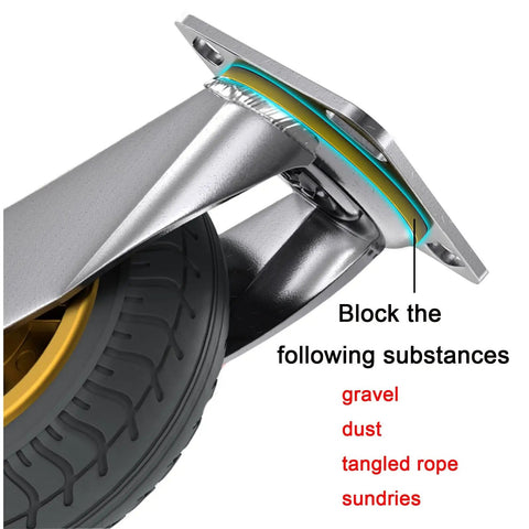Close-up of heavy duty caster wheels with brakes swivel top plate, showing puncture proof rubber wheel and metal swivel plate.