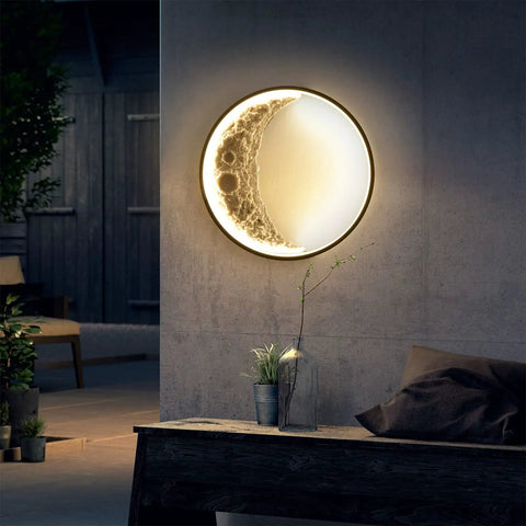 Lit Moon Shaped Outdoor Wall Sconce LED Light 23.6 Inch, 18W Plug-In Waterproof Exterior Black Round Wall Mount