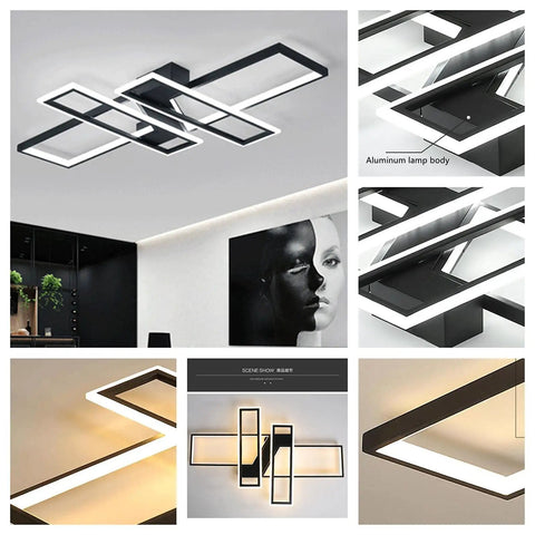 Dope Modern Dimmable Ceiling Light with Remote, four rectangular panel flush mount, black metal and acrylic, 35.4-inch length in room view