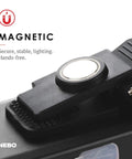 Close-up of magnetic base clip on 500-Lumen LED COB Work Flashlight With Rechargeable Battery, Dimmable Output, Power Memory Recall.