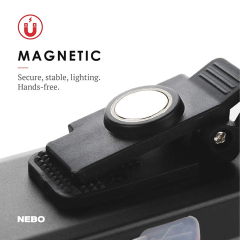Close-up of magnetic base clip on 500-Lumen LED COB Work Flashlight With Rechargeable Battery, Dimmable Output, Power Memory Recall.