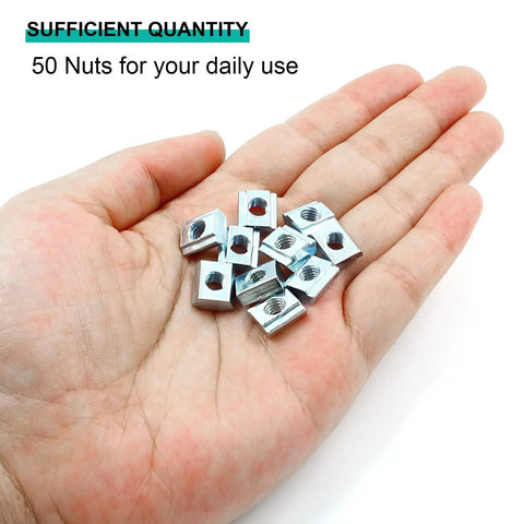 Top Shelf Sliding T Nuts M5 Thread 50 Pack For 2020 Aluminum Extrusion Profiles shown in a hand, solid carbon steel, easy to use.