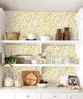 Bright kitchen with Yellow Polka Dot Peel And Stick Wallpaper For Walls Dope Home Decor 17.7 By 393.7 Inches Vinyl Self Adhesive Contact Paper Removable Decor For Bathroom Bright Yellow And White Dot Pattern Easy Install Durable Washable Surface behind shelves.