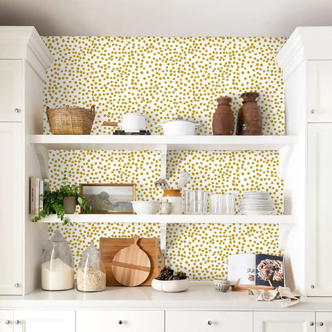Bright kitchen with Yellow Polka Dot Peel And Stick Wallpaper For Walls Dope Home Decor 17.7 By 393.7 Inches Vinyl Self Adhesive Contact Paper Removable Decor For Bathroom Bright Yellow And White Dot Pattern Easy Install Durable Washable Surface behind shelves.