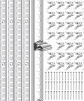Heavy Duty 6 Pack 36 Inch Shelf Pilaster Tracks With 36 Shelf Clips Set For Adjustable Wall Shelving System Built To Last Easy Install Silver Metal Mortise Mount Rails For Closet Organization And Bookcase Storage image showing silver tracks, clips, and screws for shelving installation.