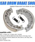 Rear Drum Brake Shoes Replacement 105mm with compatibility list and springs for Mini Bikes and Scooters, visible on white background