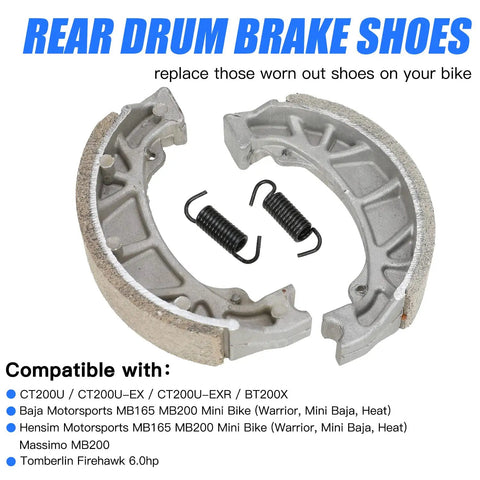 Rear Drum Brake Shoes Replacement 105mm with compatibility list and springs for Mini Bikes and Scooters, visible on white background
