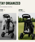 Golf Push Cart Organizer Bag With Mesh Pockets for Trolley Accessories, before and after organization view
