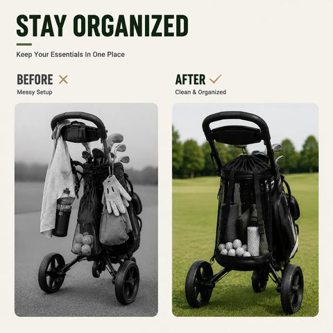Golf Push Cart Organizer Bag With Mesh Pockets for Trolley Accessories, before and after organization view