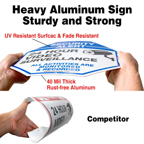 Comparison of heavy 2-Pack Video Surveillance Signs, 10 X 10 Aluminum Security Warning Reflective Signs with competitor sign
