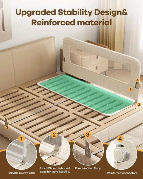 Foldable Toddler Bed Rail 59 Inch Reinforced Carbon Steel Frame With Connectors shown on bed frame without mattress