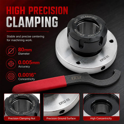 Upgrade your Shop Game With This Awesome Nakkaa ER32 Collet Chuck, 80mm Big Diameter And Insane Precision For Your CNC Milling Machine Setup showing 80mm diameter ER32 collet chuck and precision wrench.