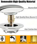 Bathtub Drain Stopper Pop Up Tub Stopper Hair Catcher showing removable brass core and stainless steel design.