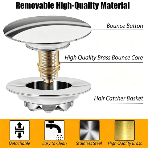 Bathtub Drain Stopper Pop Up Tub Stopper Hair Catcher showing removable brass core and stainless steel design.