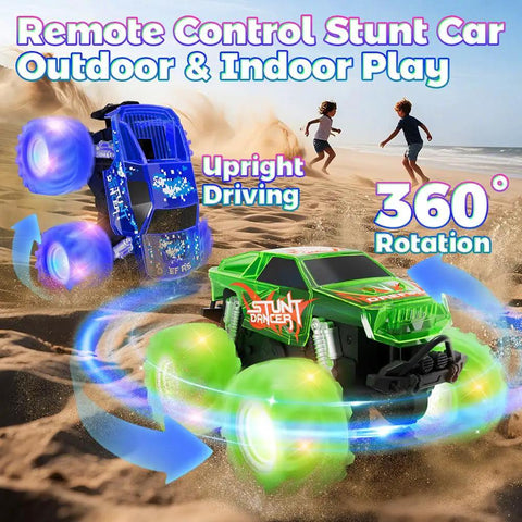 Colorful remote control stunt cars performing tricks on sandy beach, showcasing upright driving and 360-degree rotation features.