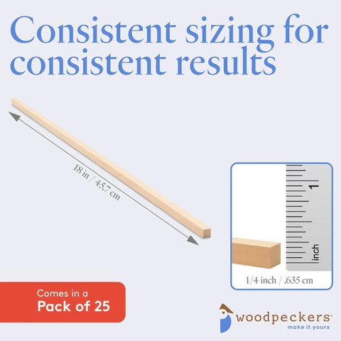 Straight Up Top Shelf Wooden Square Dowel Rods 1/4 Inch X 18 Inches Long, Smooth As Butter Finish Hobby Sticks, showing precise dimensions.