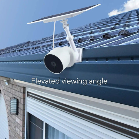 Gutter Mount For Nest Cam Battery And Solar Panel, Two In One Outdoor Mount Bracket installed with elevated viewing angle on gutter