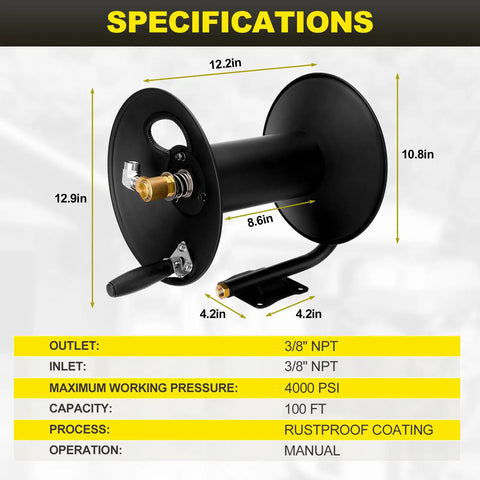Heavy Duty Built To Last 100Ft Three Eighths Inch NPT Pressure Washer Hose Reel With Swivel Arm Steel Wall Mount Bracket 4000 PSI