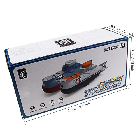 Box packaging of Super Cool RC Submarine Toy For Surface And Deep Water Diving, Waterproof Remote Control Boat, dimensions shown
