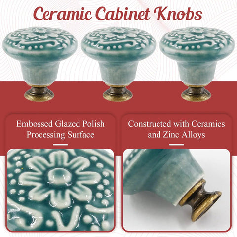 8-Piece Green Ceramic Knobs Set For Vintage Kitchen Cabinets And Dressers, showing embossed glaze finish and zinc alloy base