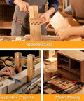 Woodworking scene with carpenters using tools; includes decorative projects and model making with Miter Box And Saw Set 14 Inch Back Saw With ABS Box For Woodworking Trim Molding And Carpentry Precision Angle Cuts 45 Degree And 90 Degree For Framing And Picture Frames Pro Grade.