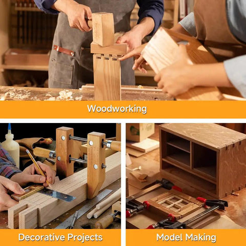 Woodworking scene with carpenters using tools; includes decorative projects and model making with Miter Box And Saw Set 14 Inch Back Saw With ABS Box For Woodworking Trim Molding And Carpentry Precision Angle Cuts 45 Degree And 90 Degree For Framing And Picture Frames Pro Grade.